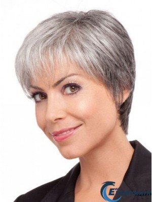 Wigs For Elderly Lady Grey Hair With Synthetic Grey Cut Short Length