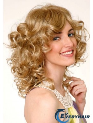 Layered Blonde Curly Shoulder Length 16 inch Durable Medium Wigs
