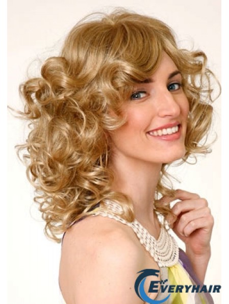 Layered Blonde Curly Shoulder Length 16 inch Durable Medium Wigs