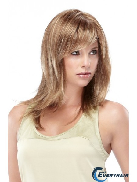 Straight With Bangs Shoulder Length Blonde Designed Lace Front Wigs