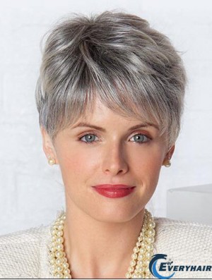 Monofilament Lace Wigs Grey Cut Straight Style Short Length