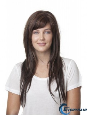 Ideal Brown Straight With Bangs Monofilament Long Wigs