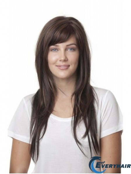 Ideal Brown Straight With Bangs Monofilament Long Wigs