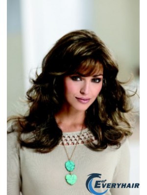 Sleek Brown Wavy With Bangs Capless Long Wigs