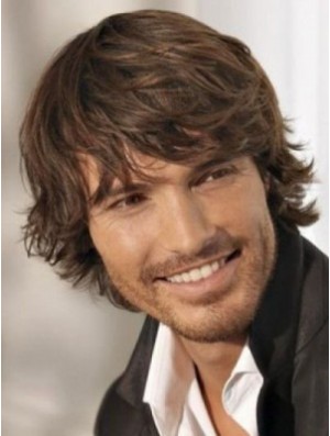 High Quality Brown Synthetic Chin Length Capless Wavy Mens Long Wig
