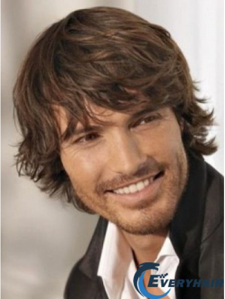 High Quality Brown Synthetic Chin Length Capless Wavy Mens Long Wig