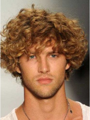 Blonde 8inch Remy Human Hair Curly Layered Capless  Mens Wigs