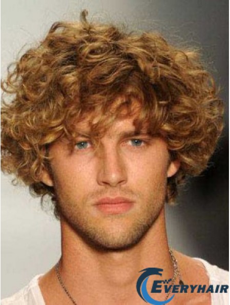 Blonde 8inch Remy Human Hair Curly Layered Capless  Mens Wigs