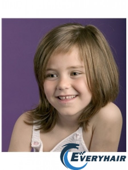 Straight Shoulder Length Brown Remy Human Hair 100% Hand-tied Kids Wigs