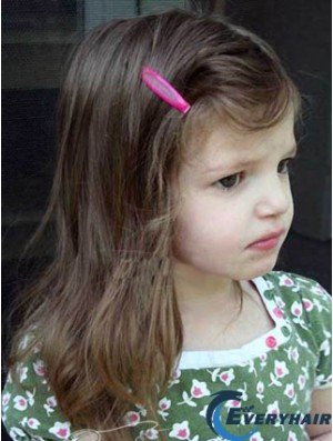 Straight Shoulder Length Brown Remy Human Hair Lace Front Kids Wigs