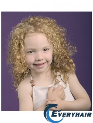 Curly Shoulder Length Blonde Synthetic 100% Hand-tied Kids Wigs