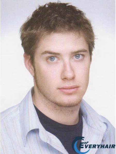 Curly Short Remy Human Monofilam Brown Mans Wigs