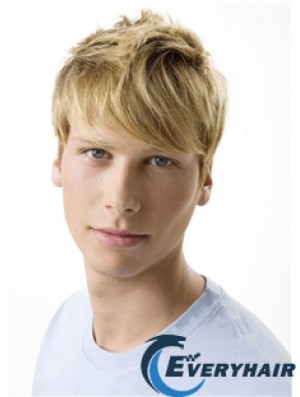 Remy Human 100% Hand Tied Short Wavy Blonde Wigs For Men