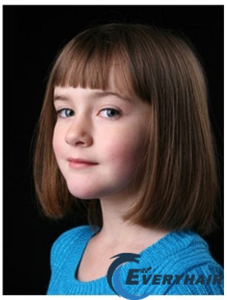 Straight Chin Length Brown Remy Human Hair Capless Kids Wigs