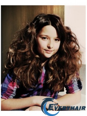 Wavy Long Brown Synthetic 100% Hand-tied Kids Wigs