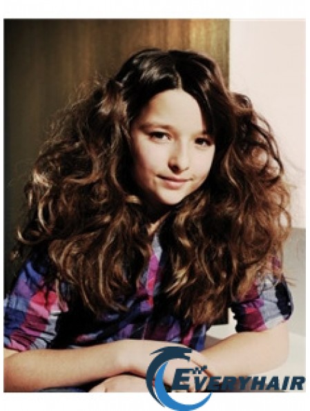 Wavy Long Brown Synthetic 100% Hand-tied Kids Wigs