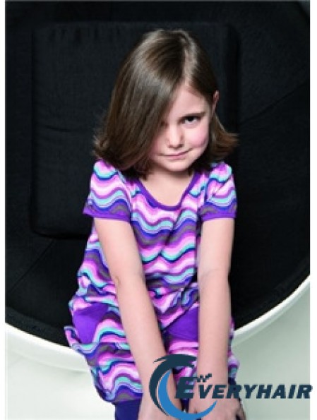 Straight Chin Length Brown Remy Human Hair 100% Hand-tied Kids Wigs