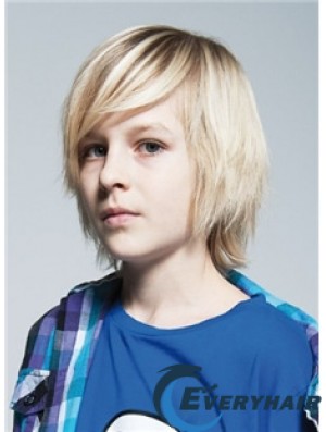Straight Chin Length Blonde Remy Human Hair Capless Kids Wigs