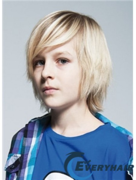 Straight Chin Length Blonde Remy Human Hair Capless Kids Wigs