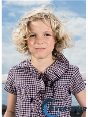 Curly Chin Length Blonde Synthetic 100% Hand-tied Kids Wigs