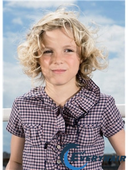 Curly Chin Length Blonde Synthetic 100% Hand-tied Kids Wigs