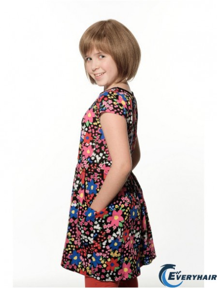 Straight Chin Length Brown Remy Human Hair 100% Hand-tied Kids Wigs