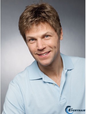 Remy Human 100% Hand Tied Brown Straight Men's Hair Wig