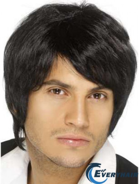 Remy Human Black Straight Short Capless Wigs Older Man
