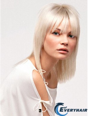 Lace Front With Bangs Shoulder Length Straight 14 inch Platinum Blonde No-Fuss Fashion Wigs