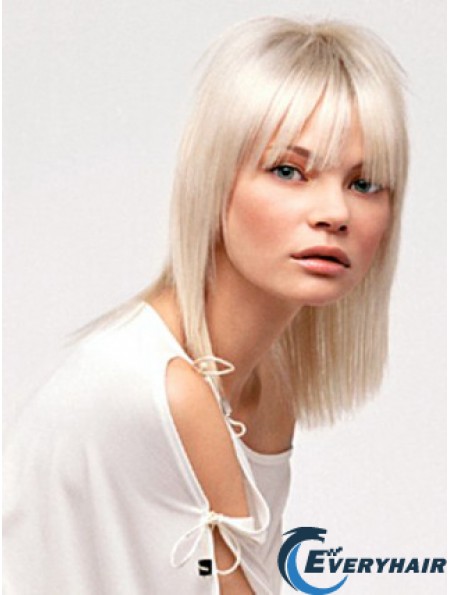 Lace Front With Bangs Shoulder Length Straight 14 inch Platinum Blonde No-Fuss Fashion Wigs