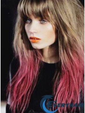 Comfortable Ombre/2 Tone Long Straight With Bangs 22 inch Human Lace Wigs