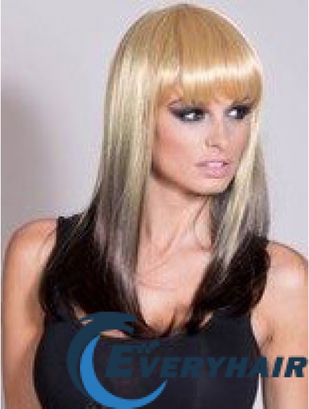 Affordable Ombre/2 Tone Long Straight With Bangs 20 inch Human Lace Wigs