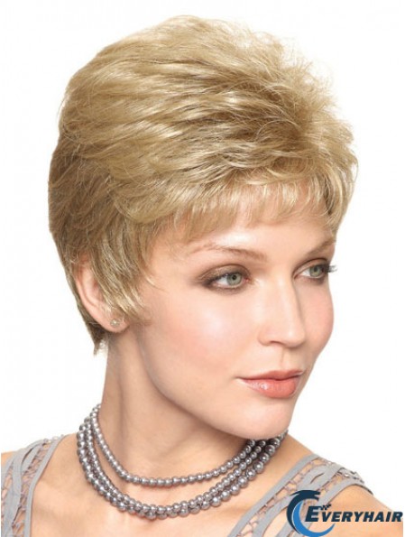 Blonde Cropped Straight Capless Boycuts 6inch Trendy Synthetic Wigs For Elderly Lady