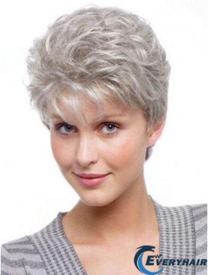 Light Weight Wigs For Elderly Lady With Synthetic Grey Cut Wavy Style