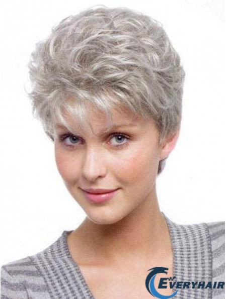 Light Weight Wigs For Elderly Lady With Synthetic Grey Cut Wavy Style
