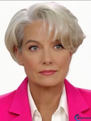 Grey Short Remy Human Hair Capless Wavy Wigs for Lady 8 Inch