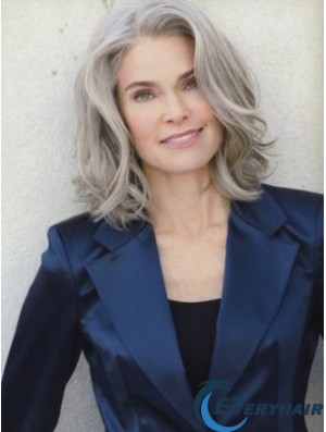 Human Hair Lace Front 14 inch Shoulder Length Grey Wigs
