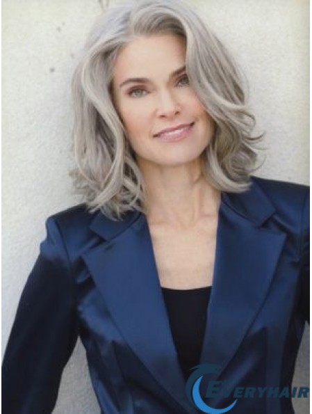 Human Hair Lace Front 14 inch Shoulder Length Grey Wigs